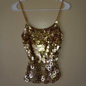 LAPIS Metallic Gold-Ringed and Sequin-Covered Tan Tank Women's M